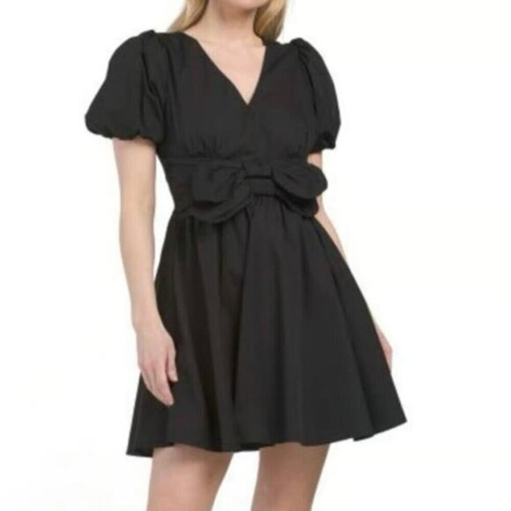 Moon River Bow Cutout Puff SleeveCottagecore  Black Mini Dress Balletcore Size S